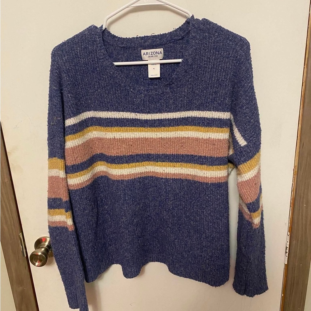 Arizona Jean Company Navy Blue Striped Crewneck Sweater